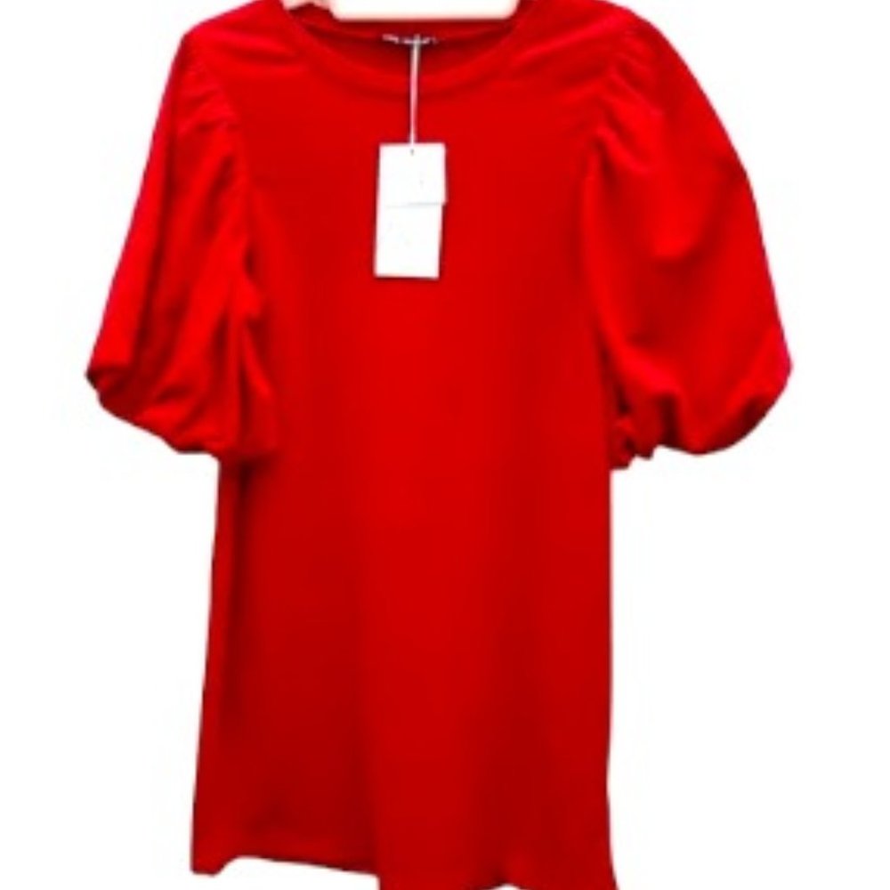 New Zara Red Cotton Short Dress Balloon Sleeves - Picture 5 of 7